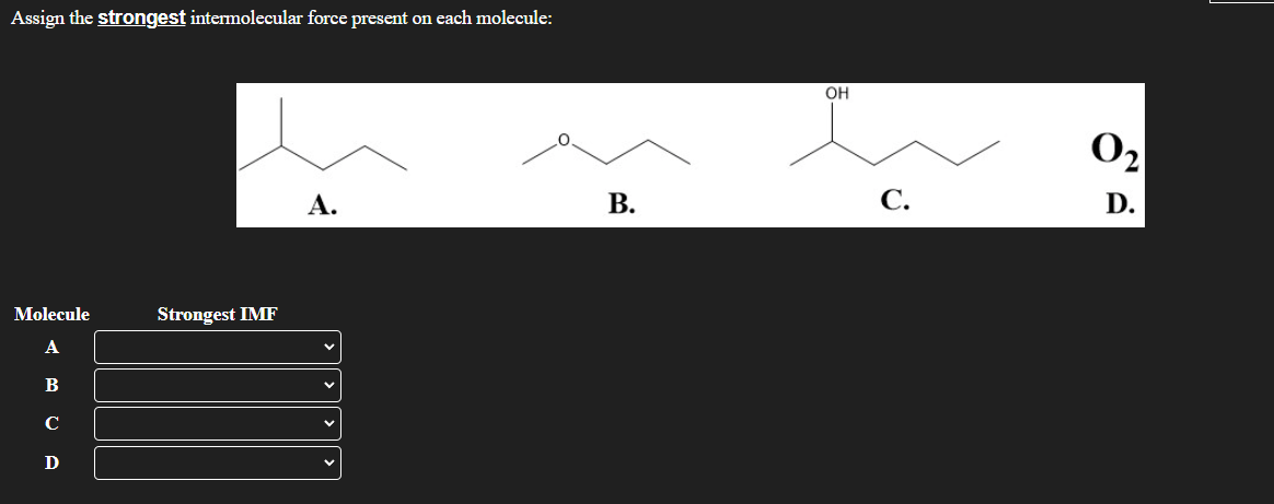 Assign the strongest intermolecular force present on each molecule:
Molecule
A
B
с
D
Strongest IMF
A.
B.
OH
C.
0₂
D.