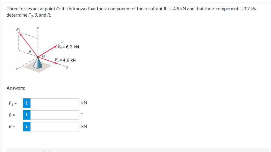 Three forces act at point O. If it is known that the y-component of the resultant R is -4.9 kN and that the z-component is 3.7 kN,
determine F3, 0, and R.
F2 = 6.2 kN
F = 4.6 kN
Answers:
F3 =
i
kN
i
R =
i
kN
