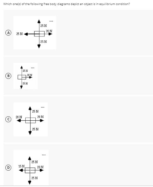 Which one(s) of the following free body diagrams depict an object is in equilibrium condition?
25 N
20 N
25 N
25 N
25 N
20 N
25 N
25 N
20 N
20 N
25 N
25 N
15 N
20 N
25 N
A,
