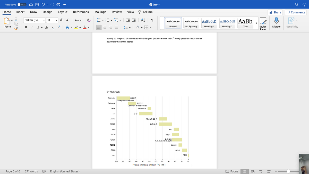 AutoSave
We hw
OFF
...
Home
Insert
Draw
Design
Layout
References
Mailings
Review
View
O Tell me
R Share
O Comments
Calibri (Bo.
v 11
v A A
E vE v Ev E E
Aa v
AaBbCcDdEe
AaBbCcD AaBbCcDdE AaBb
AaBbCcDdEe
BIU V ab x, x
A . I v
A v
Paste
Normal
No Spacing
Heading 1
Heading 2
Title
Styles
Pane
Dictate
Sensitivity
9) Why do the peaks of associated with aldehydes (both in H NMR and C" NMR) appear so much further
downfield than other peaks?
C" NMR Peaks
Aidehydes
RICOJR
Aldehydes and ketones
Carbaxylic
RCO)X
Carborylc acid derivatives
Ntrile RCN
Ntrile
C-C
Akyne
Akyne R-CC-R
BCH20
RCH20
RMC
FOCH
ROCH
ACH2X
X- C-C, C-O, Br, CL N
RCH2X
R2CH2
FECH2
RCH3
RCH3
TMS
TMS
220
200
180
160
140
120
100
40
20
Typical chemical shifts in 19C-NMR
Page 5 of 6
271 words English (United States)
O Focus
白
