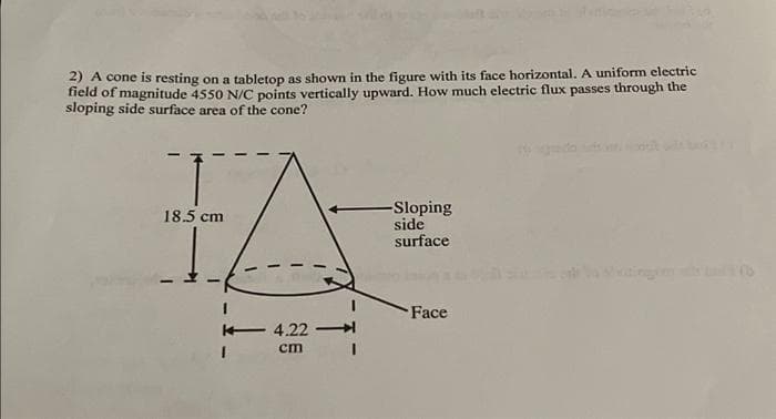 2) A cone is resting on a tabletop as shown in the figure with its face horizontal. A uniform electric
field of magnitude 4550 N/C points vertically upward. How much electric flux passes through the
sloping side surface area of the cone?
18.5 cm
IA
4.22
cm
-Sloping
side
surface
Face
S
