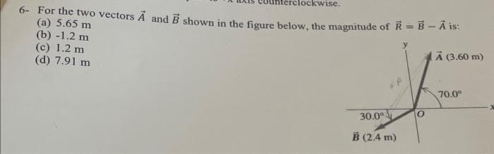 clockwise.
6- For the two vectors A and B shown in the figure below, the magnitude of R = B - A is:
(a) 5.65 m
Ä (3.60 m)
(b) -1.2 m
(c) 1.2 m
(d) 7.91 m
FP
30.0⁰
B (2.4 m)
0
70.0⁰