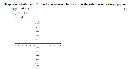 Graph the solution set. If there is no solution, indicate that the solution set is the empty set.
10) y ≤ x² + 3
y≤-x+2
10)
y> -4
-10 8 6 4 2
246810*
-8+