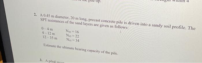 2. A 0.45 m diameter, 20 m long, precast concrete pile is driven into a sandy soil profile. The
SPT resistances of the sand layers are given as follows:
0-4m
4-12 m
12-35 m
me up.
Nas-16
Nas 22
Nas 34
Estimate the ultimate bearing capacity of the pile.
3. A piled o