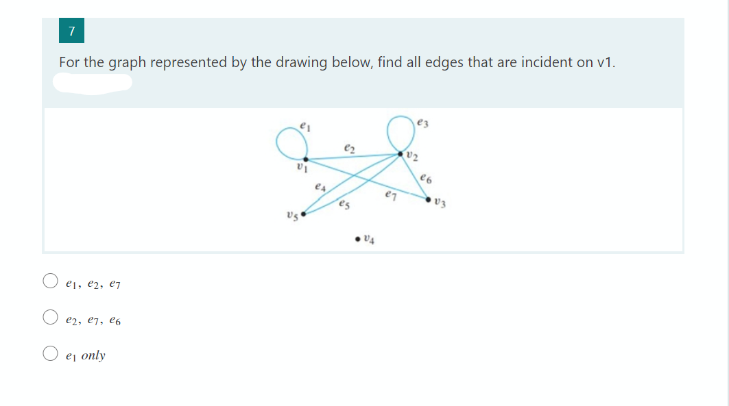 7
For the graph represented by the drawing below, find all edges that are incident on v1.
ez
e₂
VI
e1,e2, e7
e2, е7, e6
e₁ only
US
e4
es
VA
eq
V₂
e6