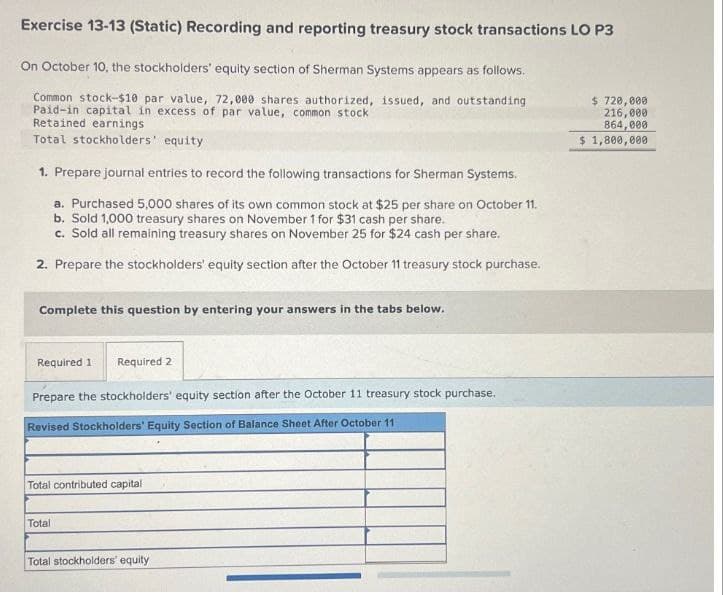 Exercise 13-13 (Static) Recording and reporting treasury stock transactions LO P3
On October 10, the stockholders' equity section of Sherman Systems appears as follows.
Common stock-$10 par value, 72,000 shares authorized, issued, and outstanding
Paid-in capital in excess of par value, common stock
Retained earnings
Total stockholders' equity
1. Prepare journal entries to record the following transactions for Sherman Systems.
a. Purchased 5,000 shares of its own common stock at $25 per share on October 11.
b. Sold 1,000 treasury shares on November 1 for $31 cash per share.
c. Sold all remaining treasury shares on November 25 for $24 cash per share.
2. Prepare the stockholders' equity section after the October 11 treasury stock purchase.
Complete this question by entering your answers in the tabs below.
$ 720,000
216,000
864,000
$ 1,800,000
Required 1 Required 2
Prepare the stockholders' equity section after the October 11 treasury stock purchase.
Revised Stockholders' Equity Section of Balance Sheet After October 11
Total contributed capital
Total
Total stockholders' equity