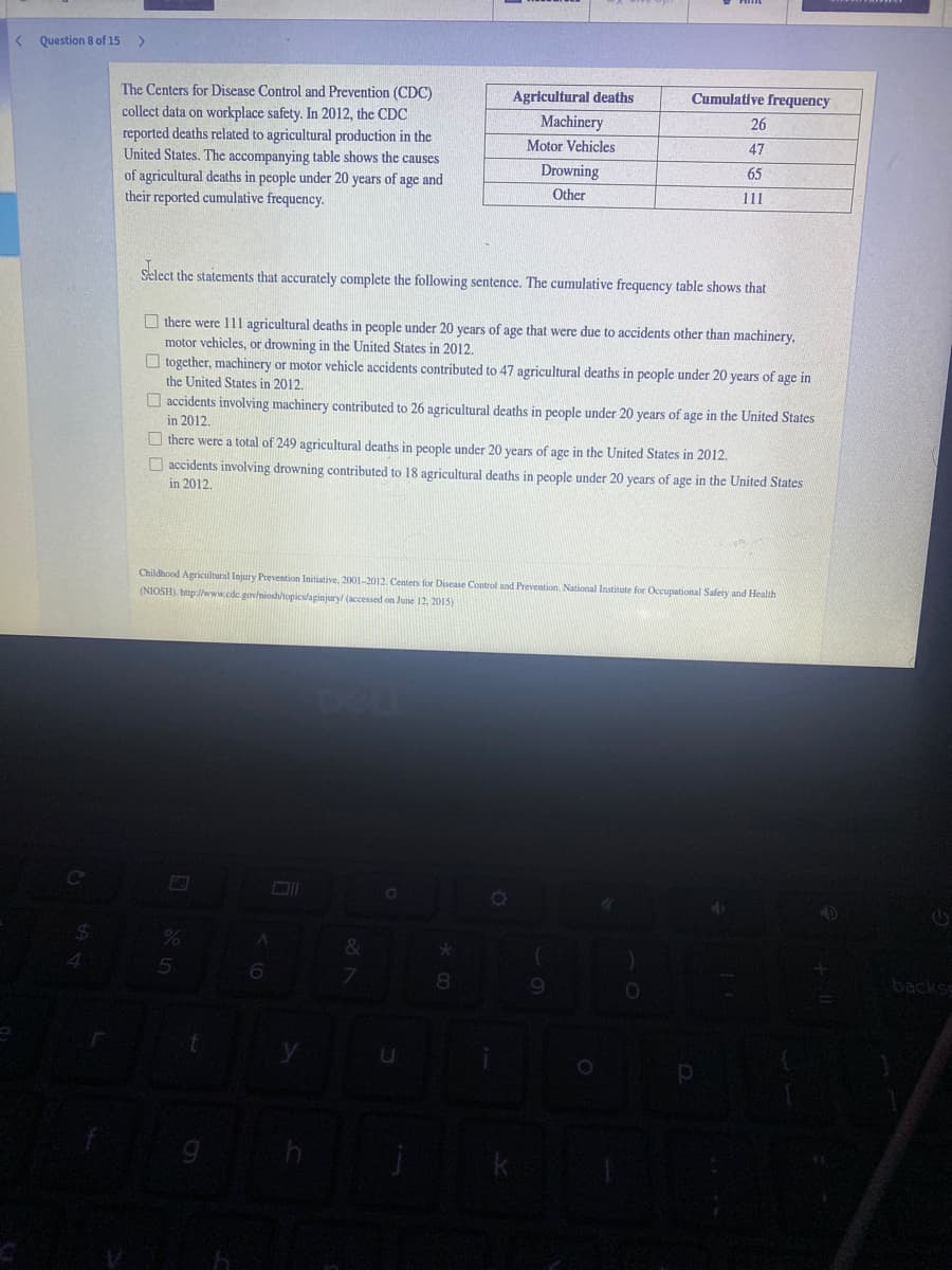 Question 8 of 15
The Centers for Disease Control and Prevention (CDC)
Agricultural deaths
Cumulative frequency
collect data on workplace safety. In 2012, the CDC
reported deaths related to agricultural production in the
United States. The accompanying table shows the causes
Machinery
26
Motor Vehicles
47
Drowning
65
of agricultural deaths in people under 20 years of age and
their reported cumulative frequency.
Other
111
Select the statements that accurately complete the following sentence. The cumulative frequency table shows that
O there were 111 agricultural deaths in people under 20 years of age that were due to accidents other than machinery,
motor vehicles, or drowning in the United States in 2012.
O together, machinery or motor vehicle accidents contributed to 47 agricultural deaths in people under 20 years of age in
the United States in 2012.
O accidents involving machinery contributed to 26 agricultural deaths in people under 20 years of age in the United States
in 2012.
O there were a total of 249 agricultural deaths in people under 20 years of age in the United States in 2012.
O accidents involving drowning contributed to 18 agricultural deaths in people under 20 years of age in the United States
in 2012.
Childhood Agricultural Injury Prevention Initiative, 2001-2012. Centers for Disease Control and Prevention. National Institute for Occupational Safety and Health
(NIOSH). http://www.cde.gov/niosh/topicslaginjury (accessed on June 12, 2015)
&
8.
backs
