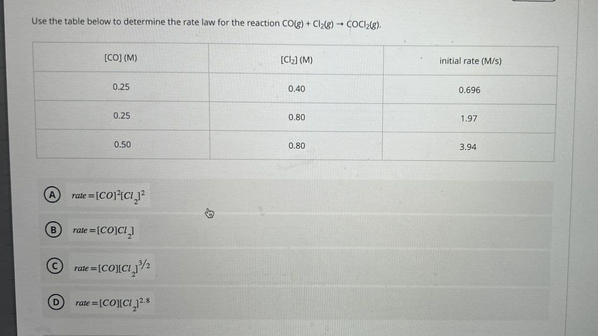 T
Use the table below to determine the rate law for the reaction CO(g) + Cl2(g) → COCl2(g).
B
[CO] (M)
0.25
[C12] (M)
0.40
initial rate (M/s)
0.696
0.25
0.80
1.97
0.50
0.80
3.94
rate = [CO]²[CI]²
rate =[CO]C12]
rate = [CO][CI]³/
D
rate = [CO][CI]2.8