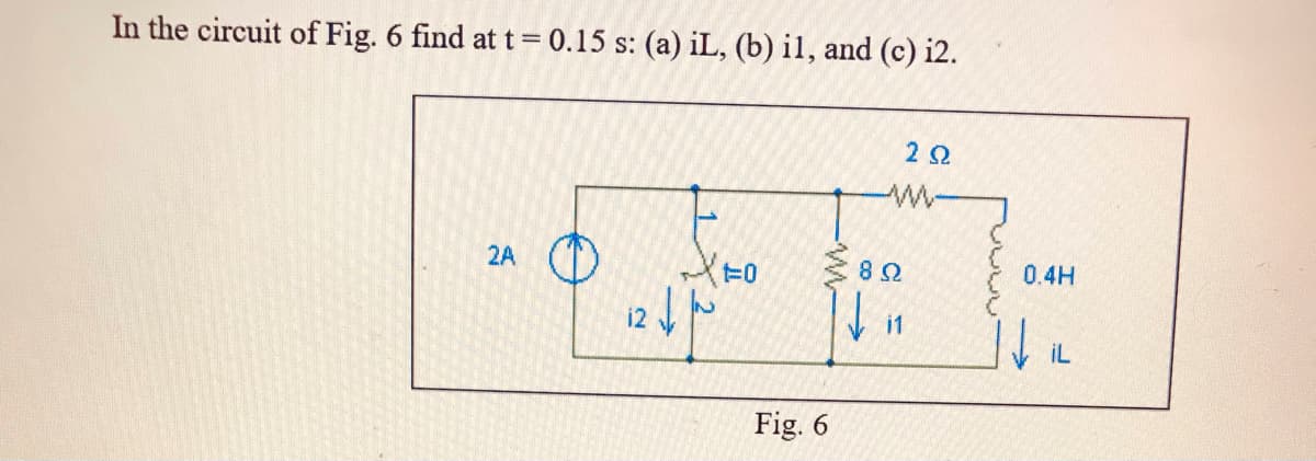 In the circuit of Fig. 6 find at t = 0.15 s: (a) iL, (b) i1, and (c) i2.
2A
0.4H
12
i1
IL
Fig, 6
