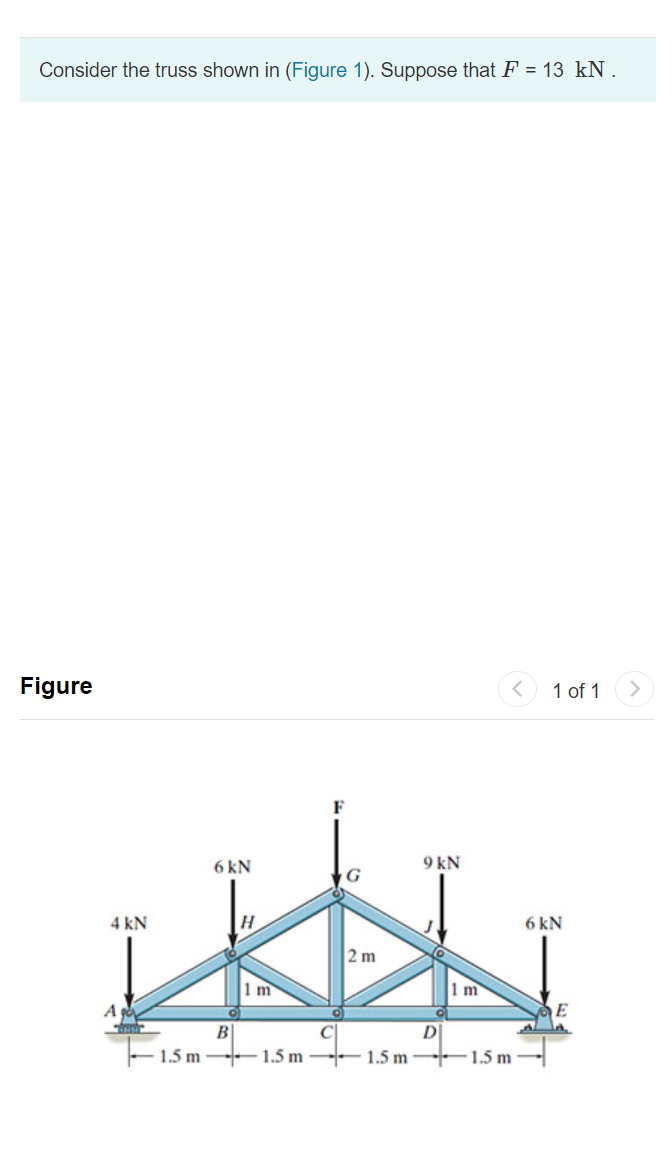 Consider the truss shown in (Figure 1). Suppose that F = 13 kN .
Figure
1 of 1
>
F
6 kN
9 kN
G
4 kN
6 kN
2 m
1 m
1 m
E
D
-1.5 m - 1.5 m
C|
1.5 m --1.5 m
