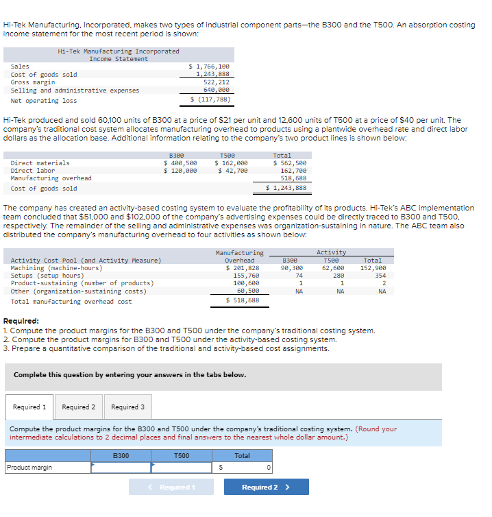 Hi-Tek Manufacturing, Incorporated, makes two types of industrial component parts-the B300 and the T500. An absorption costing
income statement for the most recent period is shown:
Hi-Tek Manufacturing Incorporated
Income Statement
Sales
Cost of goods sold
Gross margin
Selling and administrative expenses
Net operating loss
$1,766,100
1,243,888
522,212
640,000
$ (117,788)
Hi-Tek produced and sold 60,100 units of B300 at a price of $21 per unit and 12,600 units of T500 at a price of $40 per unit. The
company's traditional cost system allocates manufacturing overhead to products using a plantwide overhead rate and direct labor
dollars as the allocation base. Additional information relating to the company's two product lines is shown below:
Direct materials
Direct labor
Manufacturing overhead
Cost of goods sold
B300
$ 400,500
$ 120,000
T500
$ 162,000
$ 42,700
Total
$ 562,500
162,700
518,688
$1,243,888
The company has created an activity-based costing system to evaluate the profitability of its products. Hi-Tek's ABC implementation
team concluded that $51,000 and $102,000 of the company's advertising expenses could be directly traced to B300 and T500.
respectively. The remainder of the selling and administrative expenses was organization-sustaining in nature. The ABC team also
distributed the company's manufacturing overhead to four activities as shown below:
Activity Cost Pool (and Activity Measure)
Machining (machine-hours)
Setups (setup hours)
Product-sustaining (number of products)
Other (organization-sustaining costs)
Total manufacturing overhead cost
Required:
Manufacturing
Overhead
$ 201,828
155,760
100,600
60,500
Activity
8300
90,300
T500
62,600
Total
152,900
74
280
1
1
354
2
NA
NA
NA
$ 518,688
1. Compute the product margins for the B300 and T500 under the company's traditional costing system.
2. Compute the product margins for B300 and T500 under the activity-based costing system.
3. Prepare a quantitative comparison of the traditional and activity-based cost assignments.
Complete this question by entering your answers in the tabs below.
Required 1 Required 2 Required 3
Compute the product margins for the B300 and T500 under the company's traditional costing system. (Round your
intermediate calculations to 2 decimal places and final answers to the nearest whole dollar amount.)
Product margin
B300
T500
Total
$
< Required 1
Required 2 >