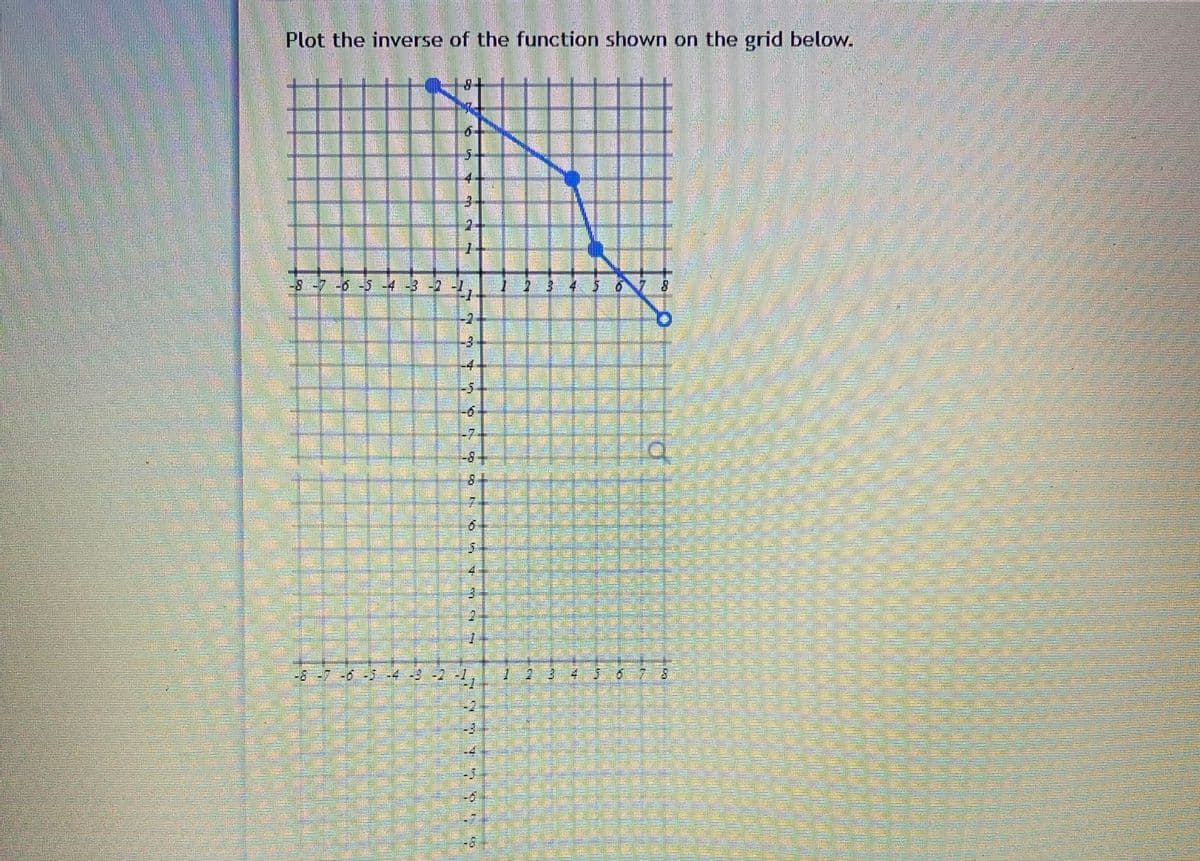 Plot the inverse of the function shown on the grid below.
-8-7-0 -5-4 -3 -2
12 3 4 5 67 8
-2
-3+
-7
-8+
-3-2 -1
-2
