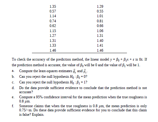 1.35
1.29
0.57
0.55
1.14
1.01
0.74
0.81
0.62
0.66
1.15
1.06
1.27
1.31
1.31
1.40
1.33
1.41
1.46
1.46
To check the accuracy of the prediction method, the linear model y = Bo + Bix + s is fit. If
the prediction method is accurate, the value of Bo will be 0 and the value of B, will be 1.
a. Compute the least-squares estimates î, and î,.
b. Can you reject the null hypothesis H : Bo = 0?
Can you reject the null hypothesis Ho : B1 = 1?
C.
d.
Do the data provide sufficient evidence to conclude that the prediction method is not
accurate?
Compute a 95% confidence interval for the mean prediction when the true roughness is
0.8 μη.
Someone claims that when the true roughness is 0.8 um, the mean prediction is only
0.75/<m. Do these data provide sufficient evidence for you to conclude that this claim
is false? Explain.
e.
f.
