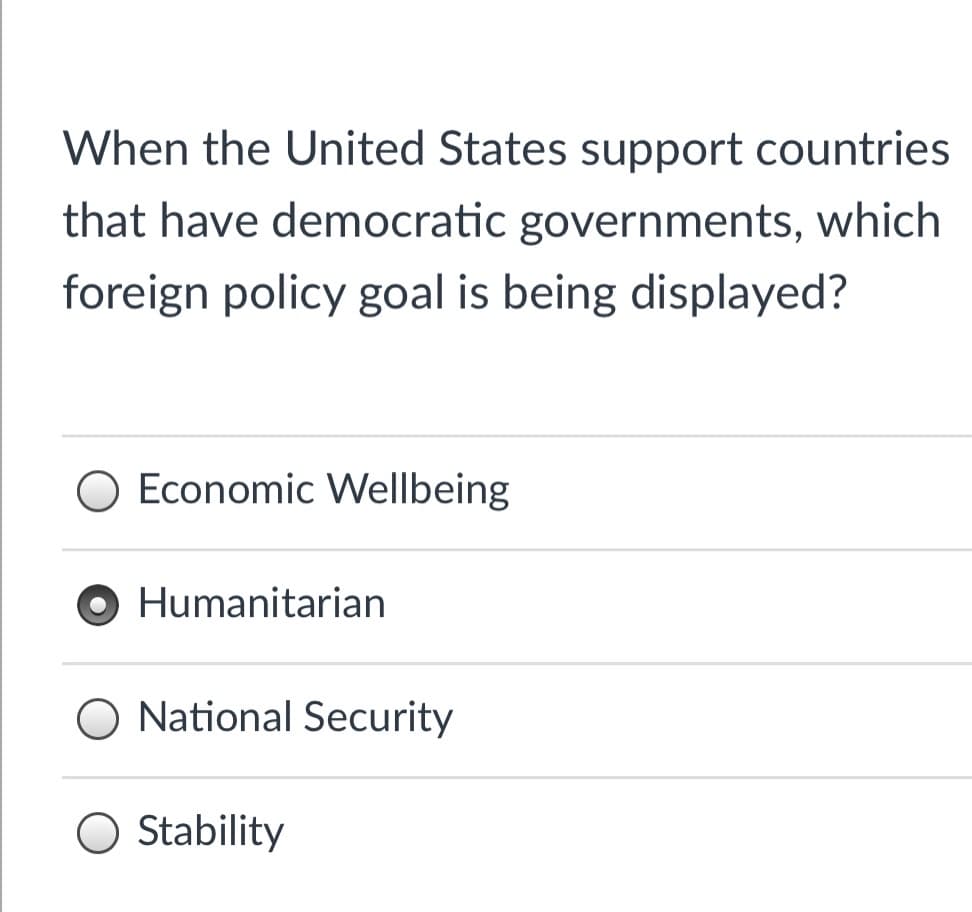 **Question:**
When the United States supports countries that have democratic governments, which foreign policy goal is being displayed? 

**Answer Choices:**
- Economic Wellbeing
- Humanitarian (selected)
- National Security
- Stability