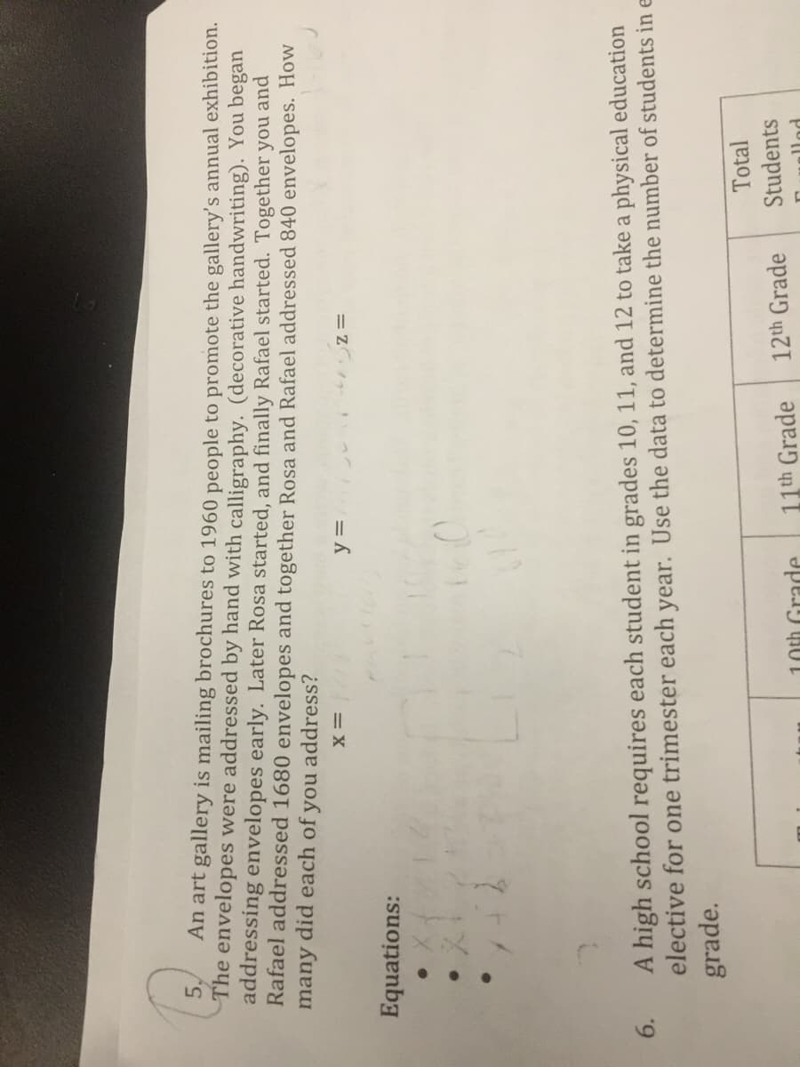 5.
An art gallery is mailing brochures to 1960 people to promote the gallery's annual exhibition.
The envelopes were addressed by hand with calligraphy. (decorative handwriting). You began
addressing envelopes early. Later Rosa started, and finally Rafael started. Together you and
Rafael addressed 1680 envelopes and together Rosa and Rafael addressed 840 envelopes. How
many did each of you address?
L=x
= Z
Equations:
A high school requires each student in grades 10, 11, and 12 to take a physical education
elective for one trimester each year. Use the data to determine the number of students in e
grade.
6.
Total
12th Grade
Students
LOth Grade
11th Grade
allod
