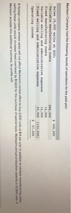 Markson Company had the following results of operations for the past year:
Sales (8,000 units at $20)
Variable manufacturing costs
Fixed manufacturing costs
Variable selling and administrative expenses
Fixed selling and administrative expenses
Operating income
$86,000
15,000
$ 160,000
12,000
20,000 (133,000)
$ 27,000
A foreign company whose sales will not affect Markson's market offers to buy 2,000 units at $14 per unit. In addition to variable manufacturing costs,
selling these units would increase fixed overhead by $1,600 for the purchase of special tools. Markson's annual productive capacity is 12,000 units. If
Markson accepts this additional business, its profits will: