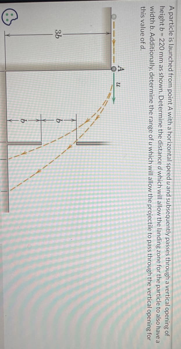 A particle is launched from point A with a horizontal speed u and subsequently passes through a vertical opening of
height b= 220 mm as shown. Determine the distance d which will allow the landing zone for the particle to also have a
width b. Additionally, determine the range of u which will allow the projectile to pass through the vertical opening for
this value of d.
3b
u
==30