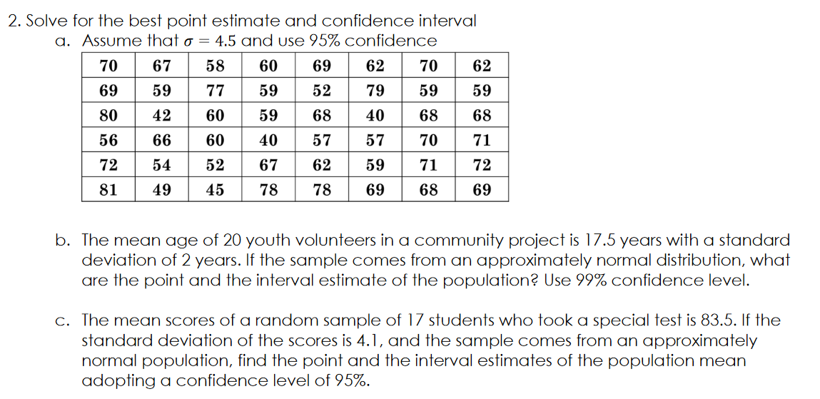 2. Solve for the best point estimate and confidence interval
a. Assume that o = 4.5 and use 95% confidence
70
67
58
60
69
62
70
62
69
59
77
59
52
79
59
59
80
68
40
68
68
56
66
60
40
57
57
70
71
72
54
52
67
62
59
71
72
81
49
45
78
78
69
68
69
b. The mean age of 20 youth volunteers in a community project is 17.5 years with a standard
deviation of 2 years. If the sample comes from an approximately normal distribution, what
are the point and the interval estimate of the population? Use 99% confidence level.
c. The mean scores of a random sample of 17 students who took a special test is 83.5. If the
standard deviation of the scores is 4.1, and the sample comes from an approximately
normal population, find the point and the interval estimates of the population mean
adopting a confidence level of 95%.
