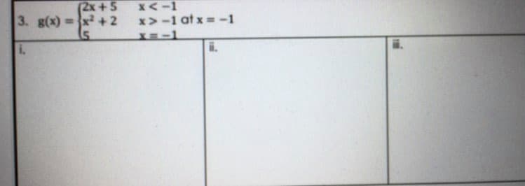 (2x +5
3. g(x) =x² +2
X<-1
x>-1 at x = -1
i.
