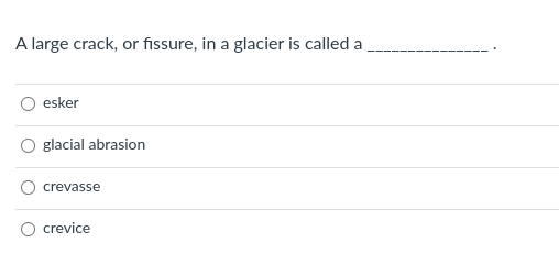 A large crack, or fissure, in a glacier is called a
esker
glacial abrasion
crevasse
crevice
