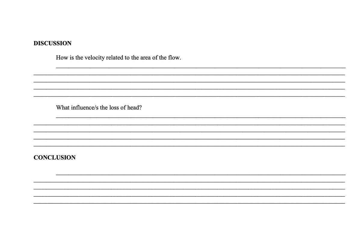 DISCUSSION
How is the velocity related to the area of the flow.
What influence/s the loss of head?
CONCLUSION
