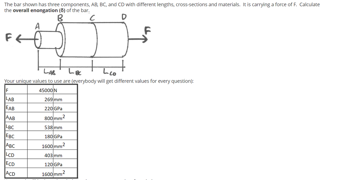 The bar shown has three components, AB, BC, and CD with different lengths, cross-sections and materials. It is carrying a force of F. Calculate
the overall enongation (ō) of the bar.
B
C
D
A
FE
LAB
LBC
Lco
Your unique values to use are (everybody will get different values for every question):
45000 N
F
LAB
EAB
AAB
LBC
EBC
ABC
LCD
ECD
ACD
269 mm
220 GPa
800 mm²
F
538 mm
180 GPa
1600 mm²
403 mm
120 GPa
1600 mm²