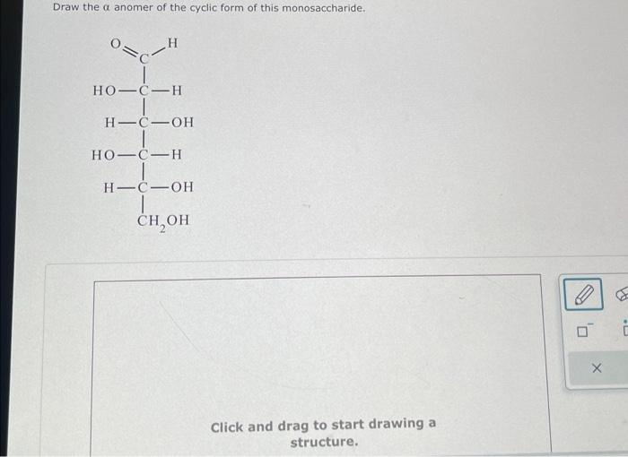 Draw the a anomer of the cyclic form of this monosaccharide.
H
HO-C-H
H-C-OH
HO-C-H
H-C-OH
CH₂OH
Click and drag to start drawing a
structure.
D
U
X
E
C