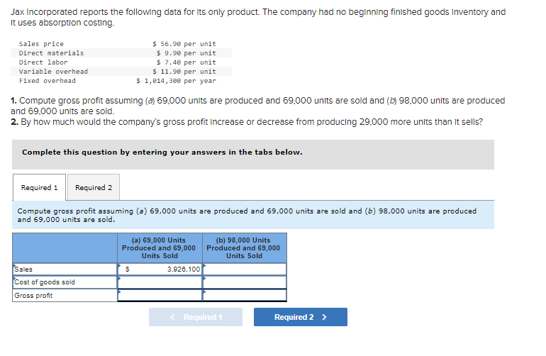 Jax Incorporated reports the following data for its only product. The company had no beginning finished goods Inventory and
It uses absorption costing.
Sales price
Direct materials
Direct labor
Variable overhead
Fixed overhead
1. Compute gross profit assuming (a) 69,000 units are produced and 69,000 units are sold and (b) 98,000 units are produced
and 69,000 units are sold.
2. By how much would the company's gross profit increase or decrease from producing 29,000 more units than it sells?
$ 56.90 per unit
$9.90 per unit
$ 7.40 per unit
$ 11.90 per unit
$ 1,014,300 per year
Complete this question by entering your answers in the tabs below.
Required 1 Required 2
Compute gross profit assuming (a) 69,000 units are produced and 69,000 units are sold and (b) 98,000 units are produced
and 69,000 units are sold.
Sales
Cost of goods sold
Gross profit
(a) 69,000 Units
Produced and 69,000
Units Sold
$
3,926,100
(b) 98,000 Units
Produced and 69,000
Units Sold
< Required 1
Required 2 >