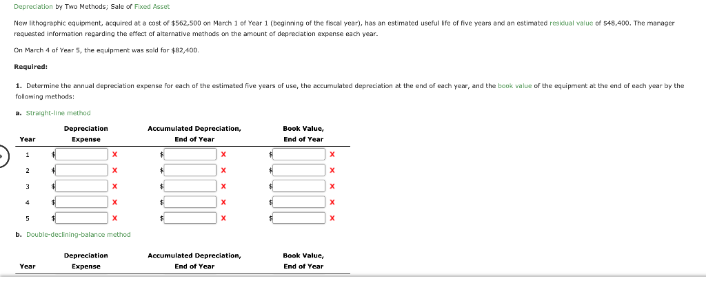 Depreciation by Two Methods; Sale of Fixed Asset
New lithographic equipment, acquired at a cost of $562,500 on March 1 of Year 1 (beginning of the fiscal year), has an estimated useful life of five years and an estimated residual value of $48,400. The manager
requested Information regarding the effect of alternative methods on the amount of depreciation expense each year.
On March 4 of Year 5, the equipment was sold for $82,400.
Required:
1. Determine the annual depreciation expense for each of the estimated five years of use, the accumulated depreciation at the end of each year, and the book value of the equipment at the end of each year by the
following methods:
a. Straight-line method
Year
1
2
3
4
5
$
$
Year
$
$
$
Depreciation
Expense
X
Depreciation
Expense
X
X
X
b. Double-declining-balance method
X
Accumulated Depreciation,
End of Year
$
$
$
$
X
X
X
X
X
Accumulated Depreciation,
End of Year
$
$
$
$
Book Value,
End of Year
Book Value,
End of Year
X
X
X
X
X