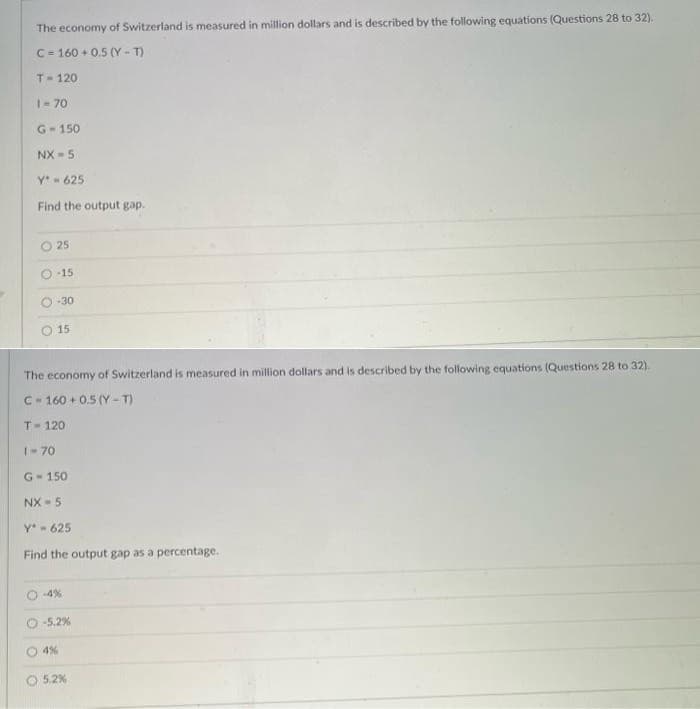 The economy of Switzerland is measured in million dollars and is described by the following equations (Questions 28 to 32).
C = 160 + 0.5 (Y - T)
T- 120
1- 70
G-150
NX - 5
Y 625
Find the output gap.
25
-15
30
15
The economy of Switzerland is measured in million dollars and is described by the following equations (Questions 28 to 32).
C- 160 + 0.5 (Y - T)
T- 120
1- 70
G- 150
S-XN
Y- 625
Find the output gap as a percentage.
-4%
-5.2%
4%
O 5.2%
