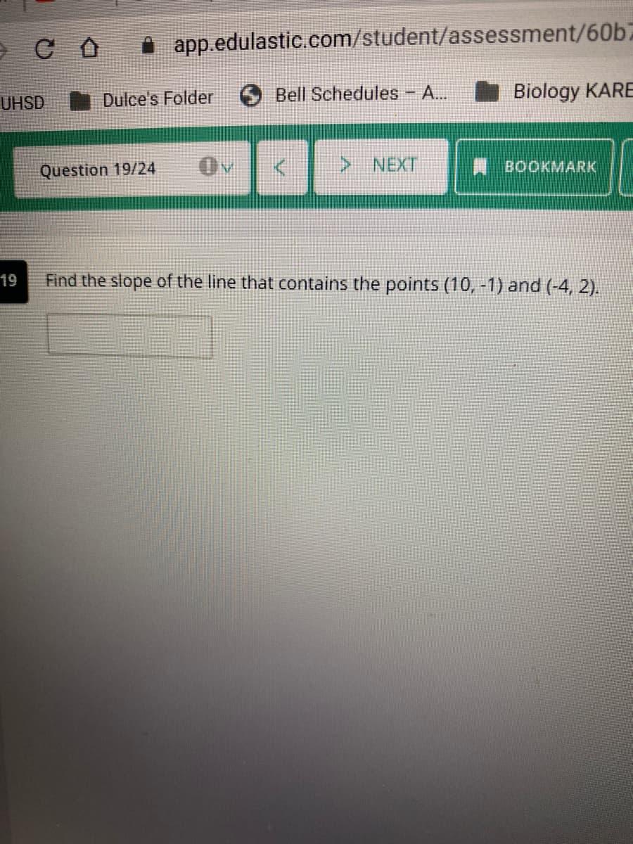 ### Educational Website Transcription

---

**Question 19/24**

**Find the slope of the line that contains the points (10, -1) and (-4, 2).**

[Text Box for Answer Input]

**Explanation:**

To find the slope of the line containing these two points, you can use the slope formula:

\[ \text{slope} (m)= \frac{y_2 - y_1}{x_2 - x_1} \]

In this case, the coordinates of the points are:

- Point 1: (10, -1) where \( x_1 = 10 \) and \( y_1 = -1 \)
- Point 2: (-4, 2) where \( x_2 = -4 \) and \( y_2 = 2 \)

Plugging these values into the slope formula:

\[ m = \frac{2 - (-1)}{-4 - 10} \]
\[ m = \frac{2 + 1}{-4 - 10} \]
\[ m = \frac{3}{-14} \]
\[ m = -\frac{3}{14} \]

So, the slope of the line that contains the points (10, -1) and (-4, 2) is \( -\frac{3}{14} \).