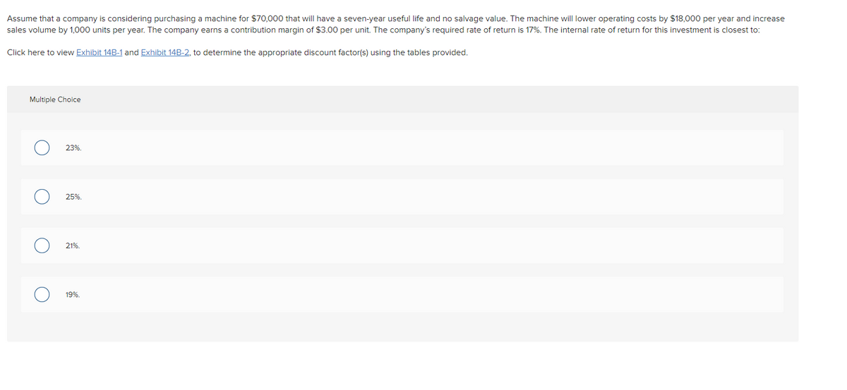Assume that a company is considering purchasing a machine for $70,000 that will have a seven-year useful life and no salvage value. The machine will lower operating costs by $18,000 per year and increase
sales volume by 1,000 units per year. The company earns a contribution margin of $3.00 per unit. The company's required rate of return is 17%. The internal rate of return for this investment is closest to:
Click here to view Exhibit 14B-1 and Exhibit 14B-2, to determine the appropriate discount factor(s) using the tables provided.
Multiple Choice
O
23%.
25%.
21%.
19%.