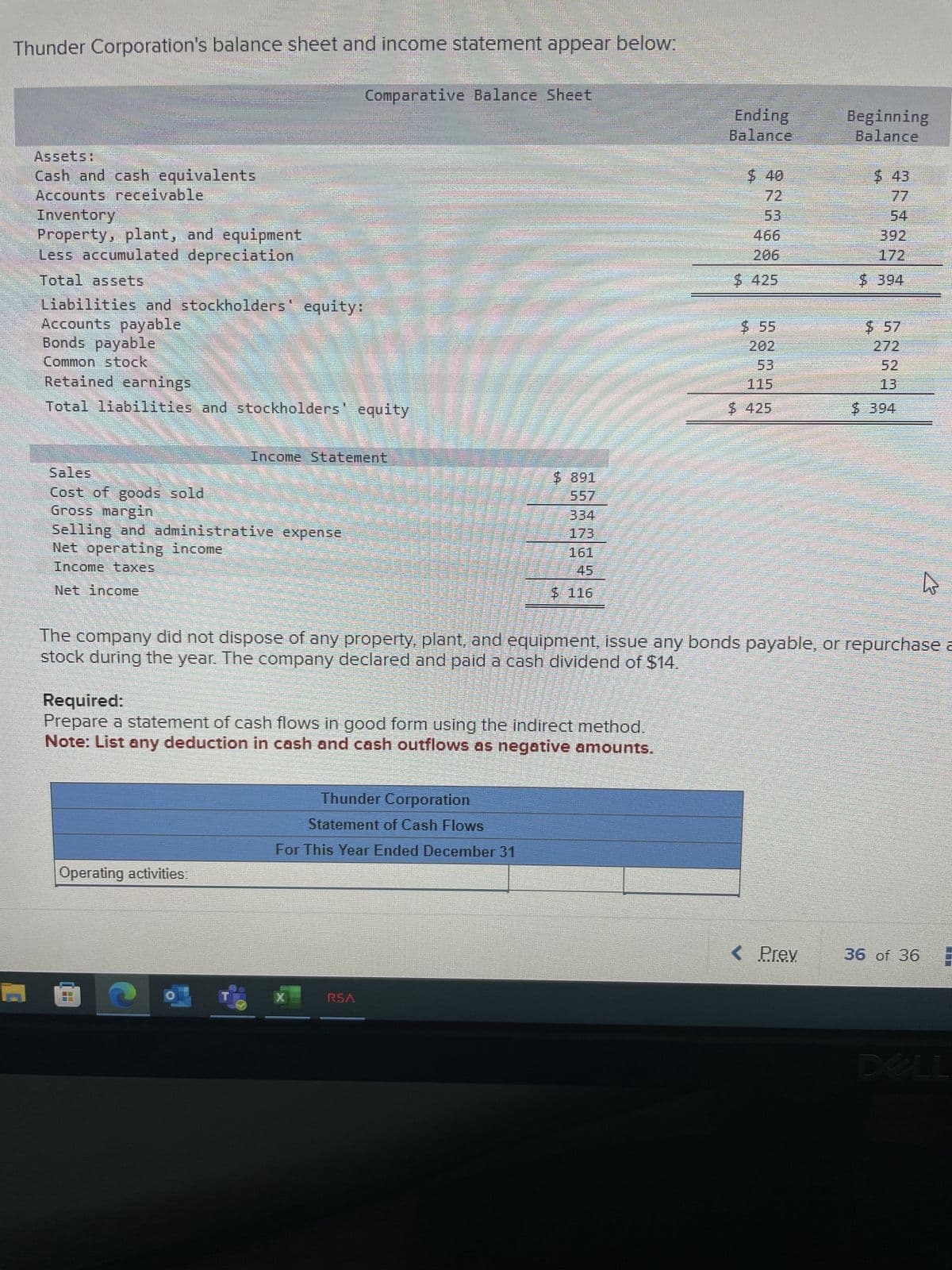 Thunder Corporation's balance sheet and income statement appear below:
Assets:
Cash and cash equivalents
Accounts receivable
Inventory
Property, plant, and equipment
Less accumulated depreciation
Total assets
Liabilities and stockholders' equity:
Accounts payable
Bonds payable
Common stock
Retained earnings
Total liabilities and stockholders' equity
Sales
Cost of goods sold
Gross margin
Selling and administrative expense
Net operating income
Income taxes
Net income
Operating activities:
Comparative Balance Sheet
Income Statement
@
550
D
RSA
$ 891
Required:
Prepare a statement of cash flows in good form using the indirect method.
Note: List any deduction in cash and cash outflows as negative amounts.
Thunder Corporation
Statement of Cash Flows
For This Year Ended December 31
334
$ 116
Santa
Ending
Balance
72
53
466
206
$ 425
53
$ 425
SER
SIS
The company did not dispose of any property, plant, and equipment, issue any bonds payable, or repurchase a
stock during the year. The company declared and paid a cash dividend of $14.
< Prev
Beginning
Balance
$ 43
392
172
$ 57
272
52
13
MOEDE
hs
36 of 36 H