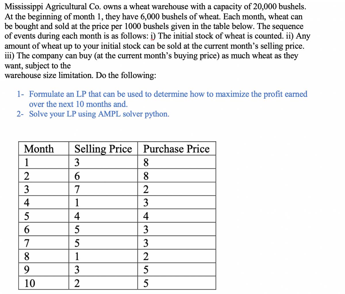 Mississippi Agricultural Co. owns a wheat warehouse with a capacity of 20,000 bushels.
At the beginning of month 1, they have 6,000 bushels of wheat. Each month, wheat can
be bought and sold at the price per 1000 bushels given in the table below. The sequence
of events during each month is as follows: i) The initial stock of wheat is counted. ii) Any
amount of wheat up to your initial stock can be sold at the current month's selling price.
iii) The company can buy (at the current month's buying price) as much wheat as they
want, subject to the
warehouse size limitation. Do the following:
1- Formulate an LP that can be used to determine how to maximize the profit earned
over the next 10 months and.
2- Solve your LP using AMPL solver python.
Month
1
2
3
4
5
6
7
8
9
10
Selling Price Purchase Price
3
6
7
1
4
5
5
1
3
2
∞∞№343
8
8
2
325 10
2
5