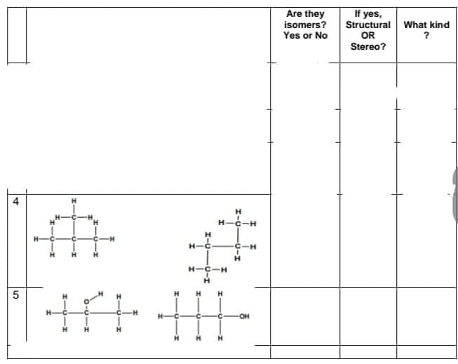 Are they
isomers?
Yes or No
If yes,
Structural What kind
OR
?
Stereo?
H-c-H
H-C.
C-H
H-C-H
I-
4.
