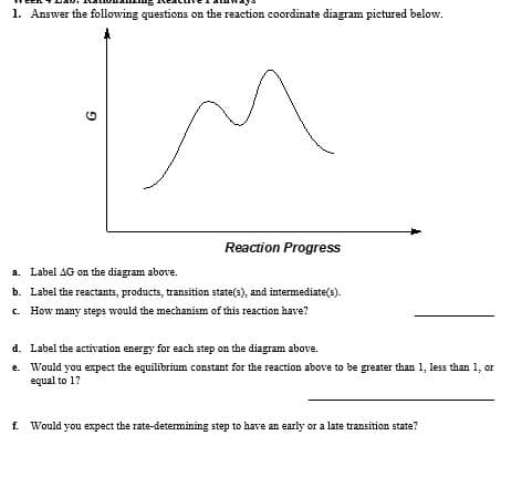 1. Answer the following questions on the reaction coordinate diagram pictured below.
Reaction Progress
a. Label AG on the diagram above.
b. Label the reactants, products, transition state(s), and intermediate(s).
c. How many steps would the mechanism of this reaction have?
