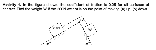 Activity 1. In the figure shown, the coefficient of friction is 0.25 for all surfaces of
contact. Find the weight W if the 200ON weight is on the point of moving (a) up; (b) down.
200N
30
60
