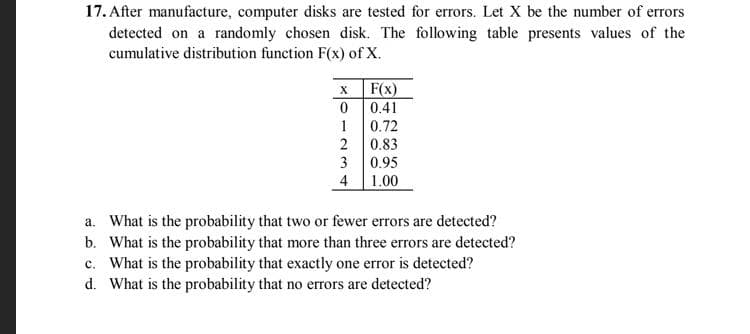 17. After manufacture, computer disks are tested for errors. Let X be the number of errors
detected on a randomly chosen disk. The following table presents values of the
cumulative distribution function F(x) of X.
F(x)
0.41
0.72
2
0.83
0.95
3
4
1.00
a. What is the probability that two or fewer errors are detected?
b. What is the probability that more than three errors are detected?
c. What is the probability that exactly one error is detected?
d. What is the probability that no errors are detected?
