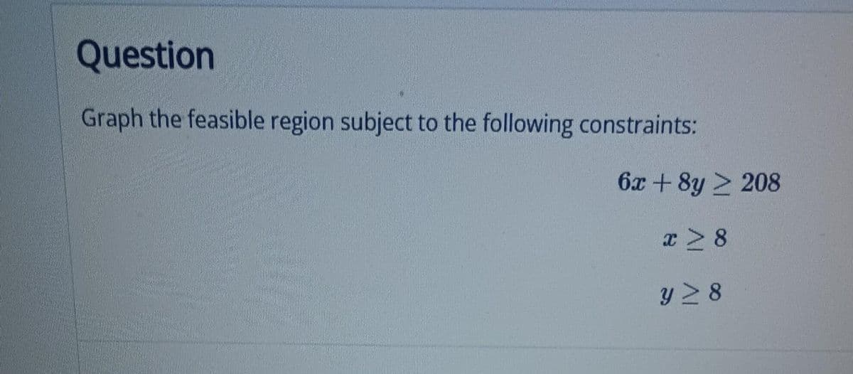 Question
Graph the feasible region subject to the following constraints:
6x + 8y 2 208
x > 8
y>8