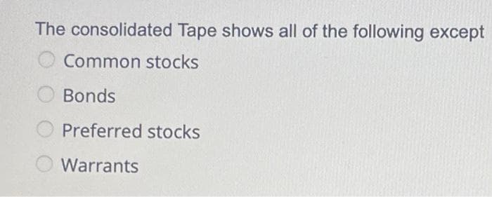 The consolidated Tape shows all of the following except
Common stocks
Bonds
Preferred stocks
Warrants