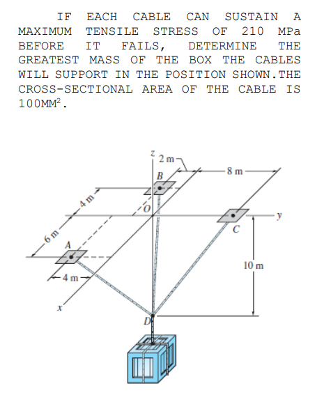 IF
EACH
CABLE
MAXIMUM TENSILE STRESS OF 210 MPa
CAN
SUSTAIN A
BEFORE
IT
FAILS,
GREATEST MASS OF THE BOX THE CABLES
DETERMINE
THE
WILL SUPPORT IN THE POSITION SHOWN.THE
CROSS-SECTIONAL AREA OF THE CABLE IS
100MM?.
2 m
B
8 m
- 6 m 4 m
10 m
4 m-
