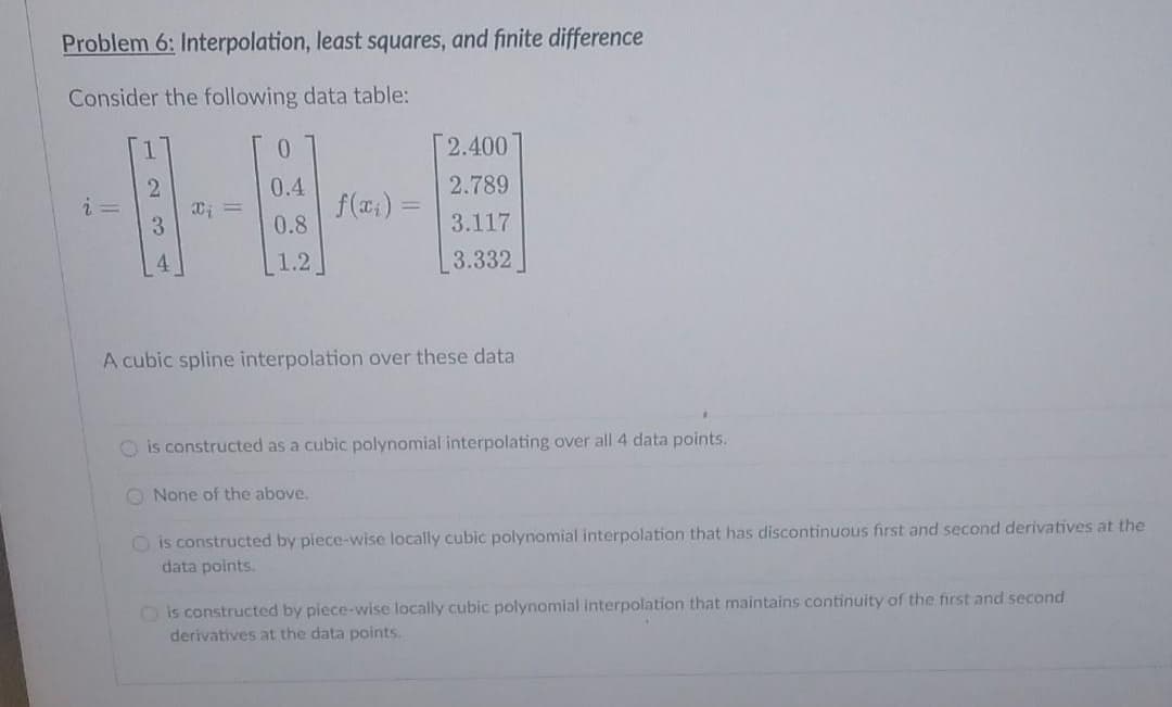 Problem 6: Interpolation, least squares, and finite difference
Consider the following data table:
0.
2.400
2.789
0.4
f(a:) =
0.8
2
3.117
1.2
3.332
A cubic spline interpolation over these data
O is constructed as a cubic polynomial interpolating over all 4 data points.
O None of the above.
O is constructed by piece-wise locally cubic polynomial interpolation that has discontinuous first and second derivatives at the
data points.
O is constructed by piece-wise locally cubic polynomial interpolation that maintains continuity of the first and second
derivatives at the data points.
