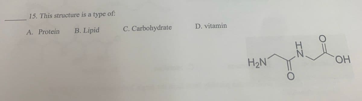 15. This structure is a type of:
A. Protein
B. Lipid
C. Carbohydrate
D. vitamin
H₂N
OH