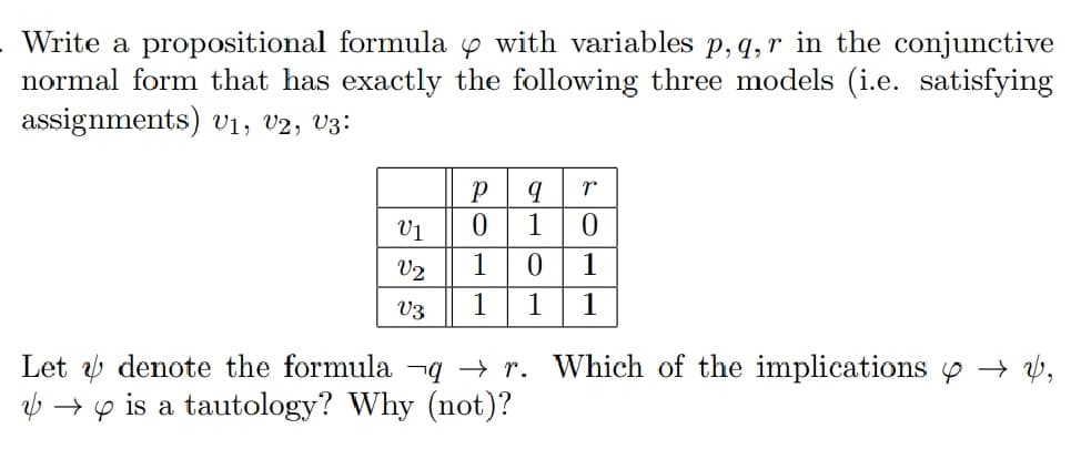 Write a propositional formula y with variables p, q,r in the conjunctive
normal form that has exactly the following three models (i.e. satisfying
assignments) v1, v2, V3:
V1
1
V2
1
1
V3
1
1
1
Let v denote the formula -q → r. Which of the implications y → v,
b → p is a tautology? Why (not)?
