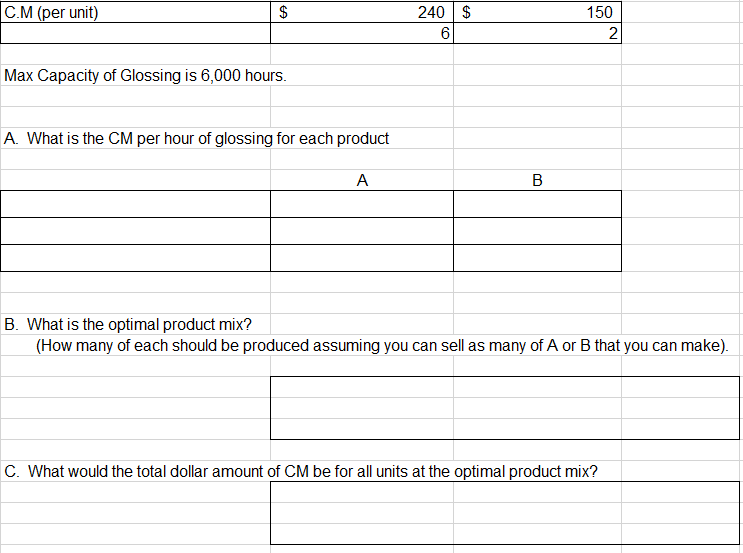 B. What is the optimal product mix?
(How many of each should be produced assuming you can sell as many of A or B that
C What would the total dollar amount of CM be for all units at the optimal product mix?
