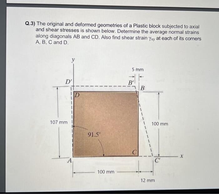 Q.3) The original and deformed geometries of a Plastic block subjected to axial
and shear stresses is shown below. Determine the average normal strains
along diagonals AB and CD. Also find shear strain Yxy at each of its corners
A, B, C and D.
y
D'
107 mm
A
D
91.5°
100 mm
5 mm
B'
B
100 mm
C'
12 mm