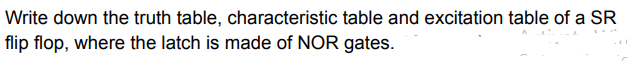 Write down the truth table, characteristic table and excitation table of a SR
flip flop, where the latch is made of NOR gates.
