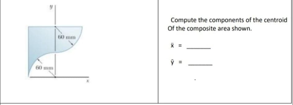 Compute the components of the centroid
Of the composite area shown.
60 mm
60 mm
II
