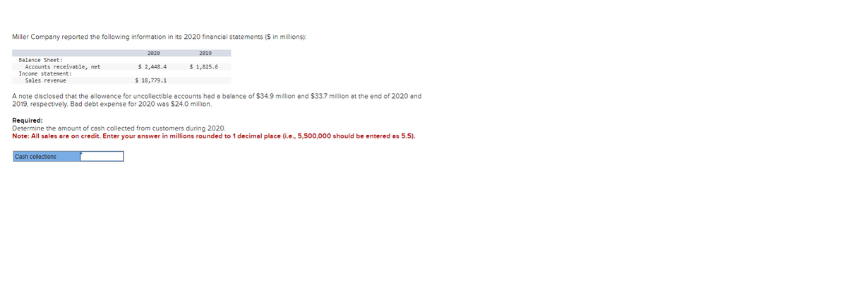 Miller Company reported the following information in its 2020 financial statements ($ in millions):
Balance Sheet:
Accounts receivable, net
Income statement:
Sales revenue
2020
$ 2,448.4
$ 18,779.1
Cash collections
2019
$ 1,825.6
A note disclosed that the allowance for uncollectible accounts had a balance of $34.9 million and $33.7 million at the end of 2020 and
2019, respectively. Bad debt expense for 2020 was $24.0 million.
Required:
Determine the amount of cash collected from customers during 2020.
Note: All sales are on credit. Enter your answer in millions rounded to 1 decimal place (i.e., 5,500,000 should be entered as 5.5).