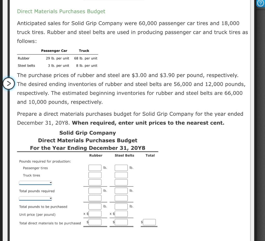 Direct Materials Purchases Budget
Anticipated sales for Solid Grip Company were 60,000 passenger car tires and 18,000
truck tires. Rubber and steel belts are used in producing passenger car and truck tires as
follows:
Rubber
Steel belts
Passenger Car
29 lb. per unit
68 lb. per unit
3 lb. per unit 8 lb. per unit
The purchase prices of rubber and steel are $3.00 and $3.90 per pound, respectively.
The desired ending inventories of rubber and steel belts are 56,000 and 12,000 pounds,
respectively. The estimated beginning inventories for rubber and steel belts are 66,000
and 10,000 pounds, respectively.
Truck
Prepare a direct materials purchases budget for Solid Grip Company for the year ended
December 31, 20Y8. When required, enter unit prices to the nearest cent.
Solid Grip Company
Direct Materials Purchases Budget
For the Year Ending December 31, 20Y8
Steel Belts
Pounds required for production:
Passenger tires
Truck tires
Total pounds required
Total pounds to be purchased
Unit price (per pound)
Total direct materials to be purchased
x $
Rubber
lb.
lb.
lb.
x $
lb.
lb.
lb.
Total